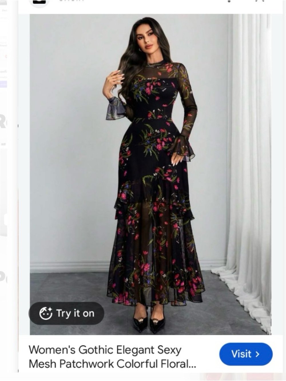 New Women XS Gothic Elegant Mesh Sexy longsleeve floral Ruffle dress